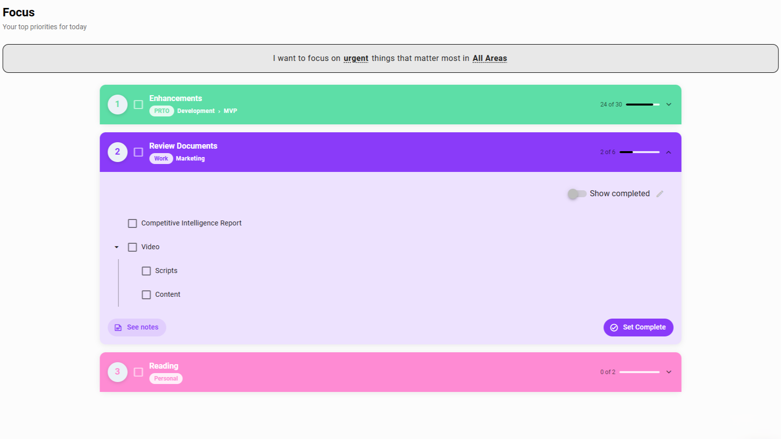 PRTO Focus overview showing the intersection of urgency-20% and goal-20% items