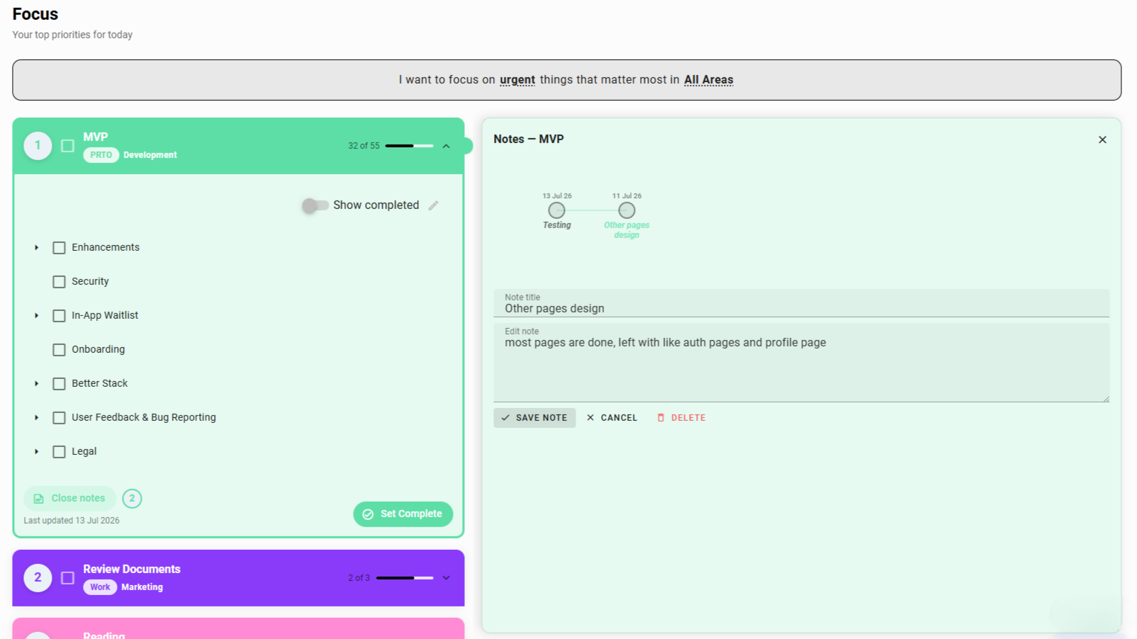 PRTO Focus (top 3) view showing the three selected priority items