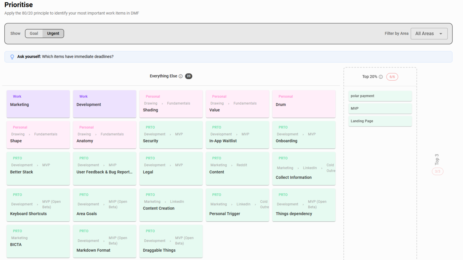 PRTO Prioritise (cascade) view with the top 20% column highlighted