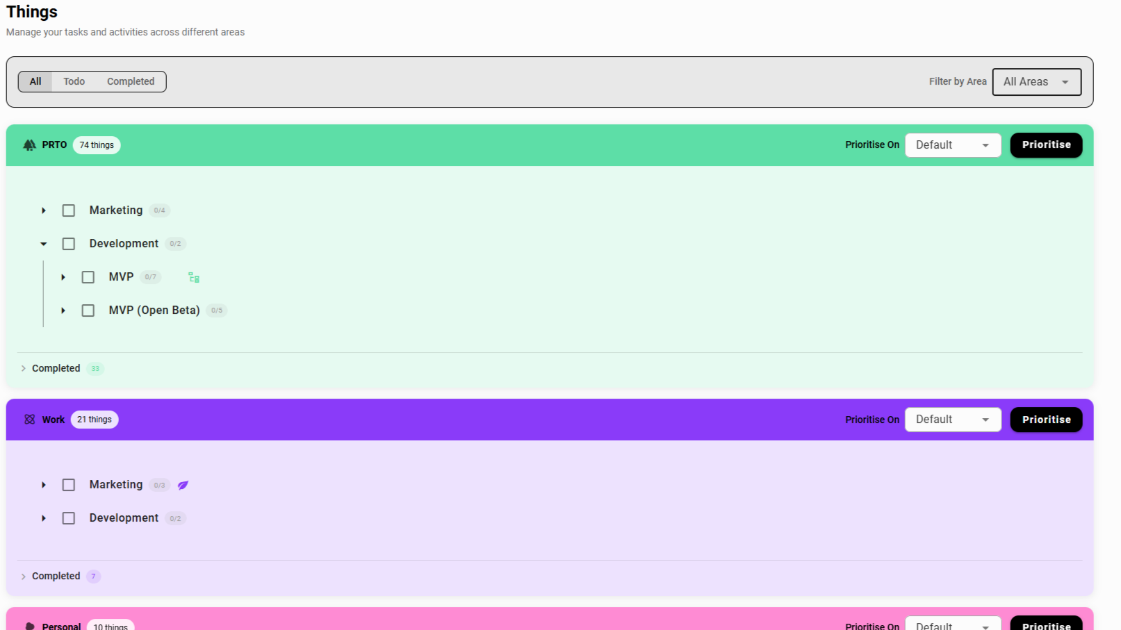 PRTO Things (tree) view inside an area, showing tasks broken into subtasks